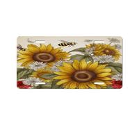 Front License Plate Bees Sunflowers Daisy Rose Flowers Aluminum Metal Rust-Proof US Car Plate Novelty Vanity Tag Cover with 4 Holes for Men/Women/Boy/Girls Car
