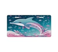 Front License Plate Cute Dolphin Snowflake Aluminum Metal Rust-Proof US Car Plate Novelty Vanity Tag Cover with 4 Holes for Men/Women/Boy/Girls Car