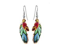 FRONT LINE JEWELLERY Handcrafted Western Feather Dangle Earrings - Elongated Blue & Green Feathers with Petite Red Multi-Colour Double-Layer Design - Boho Festival Earrings for Women