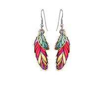 FRONT LINE JEWELLERY Handcrafted Western Feather Dangle Earrings - Elongated Red Feathers with Navy and Cerulean Accents - Boho Festival Artisan Earrings for Women