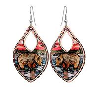 FRONT LINE JEWELRY Artisan Handcrafted Northern Lights Bear Earrings Featuring Alaska Wildlife Animal Earrings of Grizzly Bear at Sunset Background Design - BearJewelry