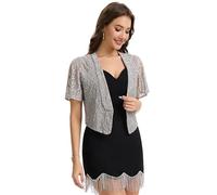 Front Open Shrug for Evening Dresses Lightweight Lace Women Sheer Short Sleeve Tops Wedding Bridal Cardigan, Silver, M