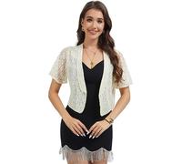 Front Open Shrug for Evening Dresses Lightweight Lace Women Sheer Short Sleeve Tops Wedding Bridal Cardigan, Champagne, XL