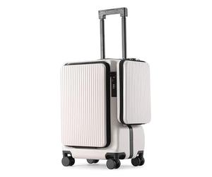 Front Opening Large Capacity Mute Universal Wheel with Side Hanging Small Bag, Aluminium Frame, with Cup Holder USB Socket Luggage Travel Business Trolley case (White)
