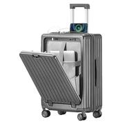 Front Opening Luggage, Hard Shell Suitcase, Hand Luggage, with Front Laptop Compartment, Cup Holder, USB+Type-C Port, 360° Silent Wheels, TSA Lock, Side Hooks, Side Handles-Grey||24in