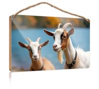 Front Porch Signs Two Goats Standing by A Lake Wooded Sign Small No Soliciting Sign for House Farmhouse Signs(15X28CM)
