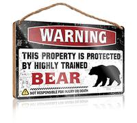 Front Porch Signs Warning This Property is Protected By A Highly Trained Bear Wooden Sign Farmhouse Wall Decor Signs No Solociting Signs(23X35CM)