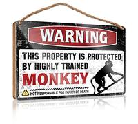 Front Porch Signs Warning This Property is Protected By A Highly Trained Monkey Wooden Sign Farmhouse Wall Decor Signs No Solociting Signs(20X30CM)