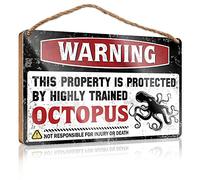 Front Porch Signs Warning This Property is Protected By A Highly Trained Octopus Wooden Sign Farmhouse Wall Decor Signs No Solociting Signs(20X30CM)