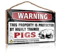 Front Porch Signs Warning This Property is Protected By A Highly Trained Pigs Wooden Sign Farmhouse Wall Decor Signs No Solociting Signs(20X30CM)