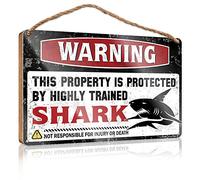 Front Porch Signs Warning This Property is Protected By A Highly Trained Shark Wooden Sign Farmhouse Wall Decor Signs No Solociting Signs(23X35CM)
