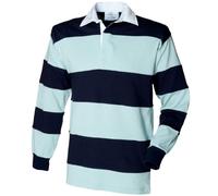 Front Row Heavy Duty Cotton Sewn Stripe Duck Egg Blue and Navy Rugby Shirt (Small 36-38" Chest)