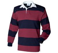 Front Row Men's Sewn Stripe Long Sleeve Sports Rugby Polo Shirt in Burgundy | Size: Small FRONT ROW Burgundy S