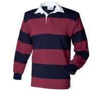 Front Row Sewn Stripe Long Sleeve Sports Rugby Polo Shirt (2XL) (Burgundy/Navy)
