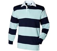 Front Row Sewn Stripe Long Sleeve Sports Rugby Polo Shirt (2XL) (Duck Egg/Navy)