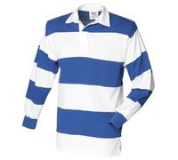 Front Row Sewn Stripe Long Sleeve Sports Rugby Polo Shirt (2XL) (White & Royal (White collar))