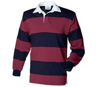 Front Row Sewn Stripe Long Sleeve Sports Rugby Polo Shirt (L) (Burgundy/Navy)