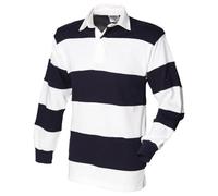 Front Row Sewn Stripe Long Sleeve Sports Rugby Polo Shirt (L) (White & Navy (White collar))