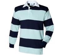 Front Row Sewn Stripe Long Sleeve Sports Rugby Polo Shirt (XL) (Duck Egg/Navy)