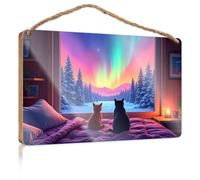 Front Sign Two Cats Admire The Northern Lights from A Cozy Cabin Window Wooded Sign Hanging Door Sign Plaque Cool Stuff for Your Room(15X28CM)