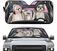 Front Windshield Sun Shade Block Uv Rays Car Window Covers Foldable Front Window Sunshades Universal For Summer Suv Truck Shih Tzu Family Dog, Dogs Driving Car At The Beach M