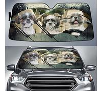 Front Windshield Sun Shade Foldable Car Window Covers Block Uv Rays Front Window Sunshades Universal For Truck Summer Suv Shih Tzu Dogs, Shih Tzus Driving Car On Rainy Day M