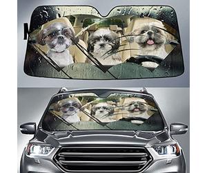 Front Windshield Sun Shade Foldable Car Window Covers Block Uv Rays Front Window Sunshades Universal For Truck Summer Suv Shih Tzu Dogs, Shih Tzus Driving Car On Rainy Day L
