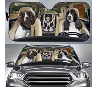 Front Windshield Sun Shade Funny English Springer Spaniel Dog Family Driving Front Window Sunshades Foldable Windscreen Cover Universal For Summer Suv Car
