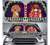 Front Windshield Sun Shade Hippie Girl And Cockapoo Dog Driving Together Dog Lover Car Window Covers Foldable Windscreen Car Sunshades Universal For Summer Car Suv