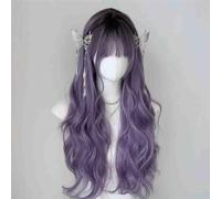 Front Women's Gradient Long Curly Wig, Air Straight Bangs Full Headset Synthetic Hair(477 Light Purple)