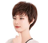 Front Women's Real Hair Short Wig for Middle-Aged, Textured Mom-Style Full Headset(Top center natural black)