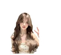 Front Women's Wig Full Headset, Milk Tea Ash Brown Wavy Long Curly Hair with Straight Bangs