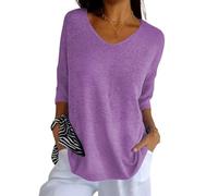 Frontaley Solid Color Knitted V-Neck Top, V-Neck Three-Quarter Sleeves Solid Color Knitted Bottoming Shirt (Purple,5XL)