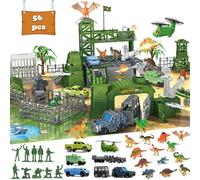 Frontoytall Military Base Toy Set with Vehicles & Dinosaur Includes Play Mat, Airplane, Helicopter, Mini Soldiers Figures, Birthday Gift for Boys Ages 3+, ASTM Certified