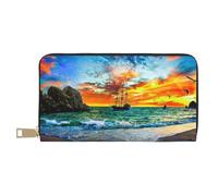 FROON Pirate Ship in The Sunset Long Faux Leather Clutch Chic Stylish Women's Wallets for Modern Women Large Capacity Card Holder and Organizer Pockets Durable Purse Handbag for Everyday Travel