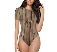 FROON Wood Grain Womenâ€™s Short-Sleeved Bodysuit â€“ Soft Stretchy Crew Neck Leotard Top, Slim-Fit Body Suits For Women, Versatile T-Shirt Bodysuit For Beach, Work & Night Out (Sâ€“xxl)