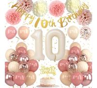 Froova 10th Birthday Decorations Retro Blush Pink Birthday Balloons Happy 10th Banner Cake Toppers Pom Poms Dusty Rose Gold Number 10 Balloon for 10 Year Old Bday Party Decoration Supplies