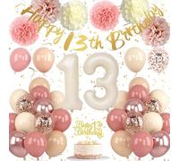 Froova 13th Birthday Decorations for Girl Retro Blush Pink Birthday Balloons Happy 13th Banner Cake Topper Pom Poms Dusty Rose Gold Number 13 Balloon for Her 13 Year Old Bday Party Decoration Supplies