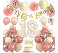 Froova 18th Birthday Decorations for Girl Retro Blush Pink Birthday Balloons Happy 18th Banner Cake Topper Pom Poms Dusty Rose Gold Number 18 Balloon for Her 18 Year Old Bday Party Decoration Supplies