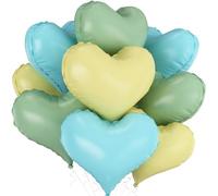 Froova 20 Inch Yellow Blue Green Heart Balloons 9 Pcs Large Pastel Yellow Teal Sage Green Heart Shaped Foil Aluminum Balloon for Oh Baby Shower Wedding Birthday Wild One Anniversary Party Deocrations