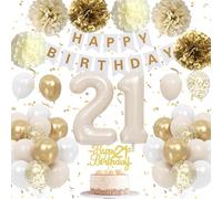 Froova 21st Birthday Decorations for Her, Beige Gold White Birthday Balloons Happy 21st Banner Cake Toppers Neutral Number 21 Balloon Pom Poms for Women Men 21 Year Old Bday Party Decoration Him