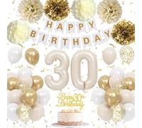 Froova 30th Birthday Decorations for Her, Beige Gold White Thirty Birthday Balloons Neutral Number 30 Balloon Pom Poms Happy 30 th Banner Cake Toppers for Women Men 30 Years Old Bday Party Decoration