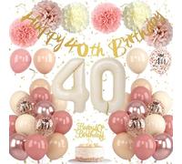 Froova 40th Birthday Decorations for Women Retro Blush Pink Birthday Balloons Happy 40th Banner Cake Topper Pom Pom Nude Rose Gold Number 40 Balloon for Her 40 Years Old Bday Party Decoration Supplies