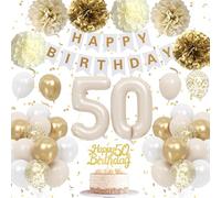 Froova 50th Birthday Decorations for Women Men, Sand Gold White Birthday Balloons Happy 50th Banner Cake Topper Neutral Number 50 Balloon Pom Poms for Him Her 50 Years Old Bday Party Decoration Boho