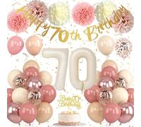 Froova 70th Birthday Decorations for Women Dusty Blush Pink Birthday Balloons Happy 70th Banner Cake Toppers Pom Poms Retro Rose Gold Number 70 Balloon for 70 Year Old Bday Party Decoration Supplies