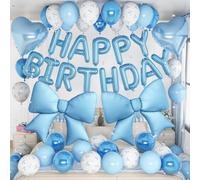 Froova Blue Bow Birthday Decorations Pastel Baby Light Blue Metallic White Bows Print Party Balloon Happy Birthday Banner 38 In Coquette Foil Balloons Heart Balloon for Men Boys Bday Party Supplies