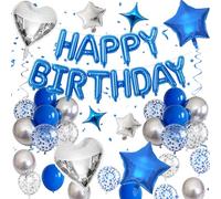 Froova Blue Silver Birthday Decorations for Boys Dark Royal Navy Blue Metallic Silver Confetti Balloon Happy Birthday Banner 18/10 Inch Heart Foil Balloons Star Balloon for Men Bday Party Supplies