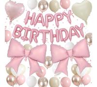 Froova Boho Dusty Pink Bow Birthday Decorations for Women Girls, Blush Champagne Gold Sand White Cream Balloons Happy Birthday Banner Pink Coquette Foil Balloons Heart Balloon for Bday Party Supplies