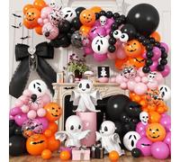 Froova Halloween Balloon Arch Pink Black Orange Balloons Garland 3D Bat Stickers Bat Print White Ghost Pumpkin Latex Balloons for Pink Halloween Night Ghost Spooky One Birthday Baby Shower Party Decor