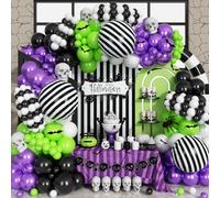 Froova Halloween Balloon Arch Purple Green Black Balloons Garland Kit 3D Bat Stickers 18 Inch Striped Foil Balloons for for Happy Halloween Skull Skeleton Spooky Birthday Scary Party Decorations